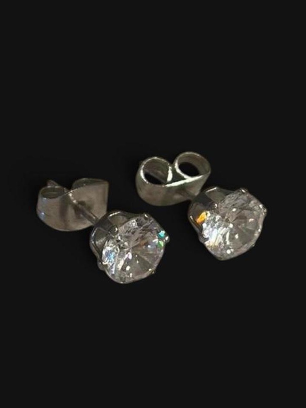 Faux Diamond Silver Metal Round Stud Earrings with Butterfly Closure